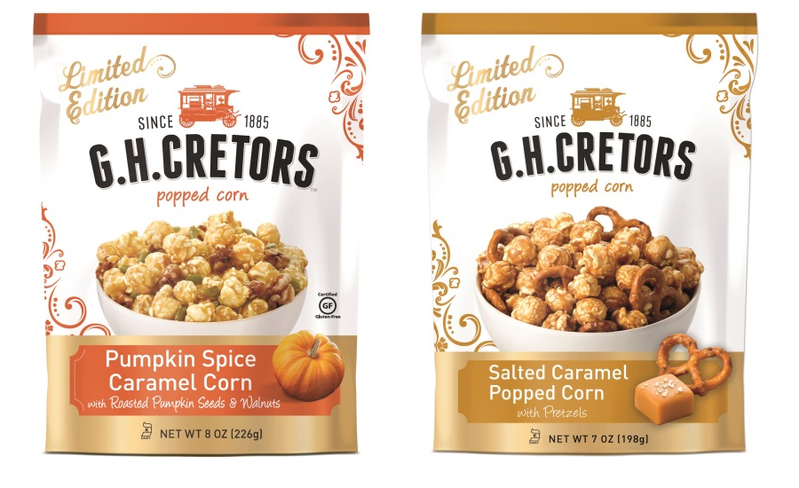 Pumpkin Spice Caramel Corn and Salted Caramel Popped Corn with Pretzels add to G.H. Cretors® line of Obsessively Delicious™ products