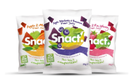 Snact fruit jerky in compostable packaging