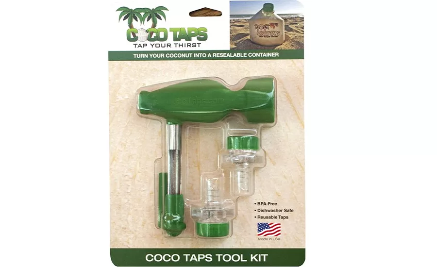 Coco Taps coconut packaging includes tool kit