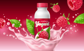 Natural drinking fermented milk product with raspberries, berry beverage in plastic bottle