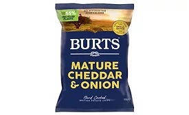 Burts Mature Cheddar & Onion chips in the new packaging on a white background.