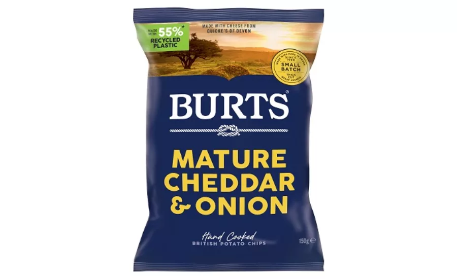 Burts Mature Cheddar & Onion chips in the new packaging on a white background.