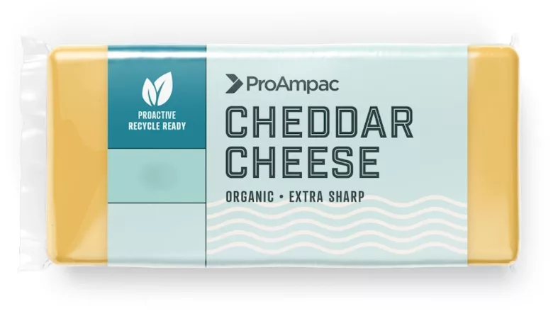 Image of chunk cheese packaged in ProAmpac’s ProActive Recycle-Ready film.