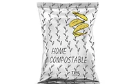 Home compostable potato chip package against white background
