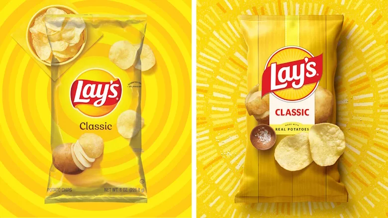 Image of Lay’s old packaging on the left and Lay’s new packaging on the right.