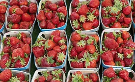Strawberries on display in a fresh market