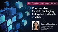 Foreground: 2026 Industry Outlook Series - Compostable Flexible Packaging to Expand its Reach in 2026– Headshot of Daphna Nissenbaum, CEO & Co-Founder, TIPA Compostable Packaging. Background: Small blue cubes on dark blue gradient technology background