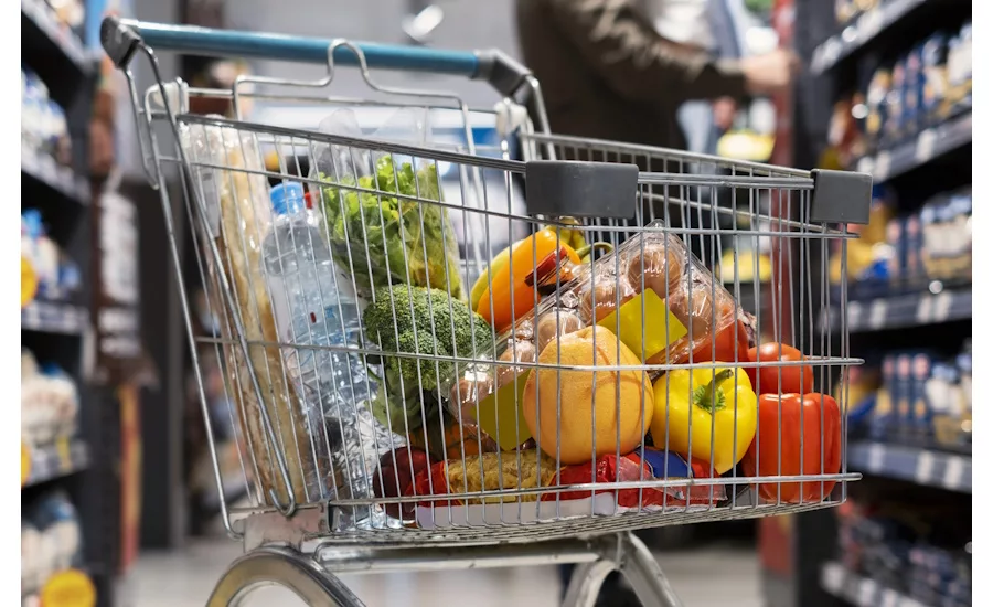 Image of shopping cart filled with various fresh produce items