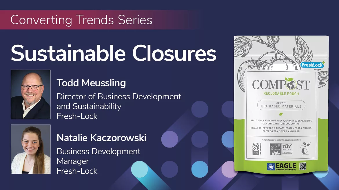 Converting Trends Series: Sustainable Closures with headshots and titles of Todd Meussling and Natalie Kaczoroski; image of a compostable, reclosable stand-up pouch created by Fresh-Lock; background illustration of blue abstract dots in pattern design.