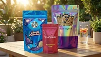 Image of flexible packages incorporating cast and cure graphics.