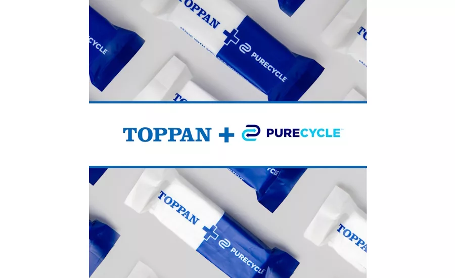 Image showing logos of Toppan and PureCycle Technologies against a backdrop of snack bars in wrappers.