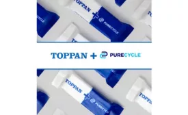 Image showing logos of Toppan and PureCycle Technologies against a backdrop of snack bars in wrappers.
