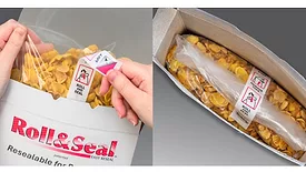 Images of the Roll&Seal pressure sensitive reseal being used on an inner cereal bag.