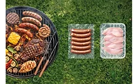 Image of different meats on a barbecue grill next to images of packaged sausages and meat.