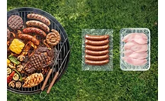 Image of different meats on a barbecue grill next to images of packaged sausages and meat.