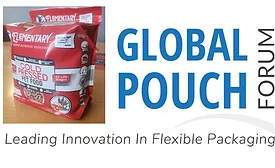 Image of pet food packaged in Sun Centre USA’s POUCH3™ Cuboid Packaging Format … against the backdrop of the Global Pouch Forum logo.
