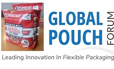 Image of pet food packaged in Sun Centre USA’s POUCH3™ Cuboid Packaging Format … against the backdrop of the Global Pouch Forum logo.