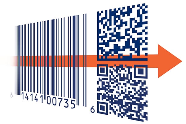 Barcode transforming into a QR code, depicted with an orange scanning line transitioning between the two.