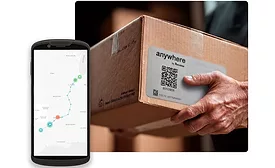 Image of an iPhone tracking a parcel shipment next to an image of a cardboard delivery parcel.