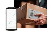 Image of an iPhone tracking a parcel shipment next to an image of a cardboard delivery parcel.