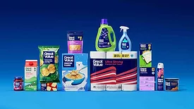 Image showing examples of Walmart’s redesigned packaging for its Great Value brand, including cereal packaging and bathroom tissue packaging.