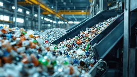 Small-format plastics on a conveyor belt at a plastics recycling plant