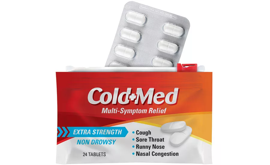 Cold medicine delivered in a child-resistant package with CHILD-GUARD technology and strength properties of the pouch