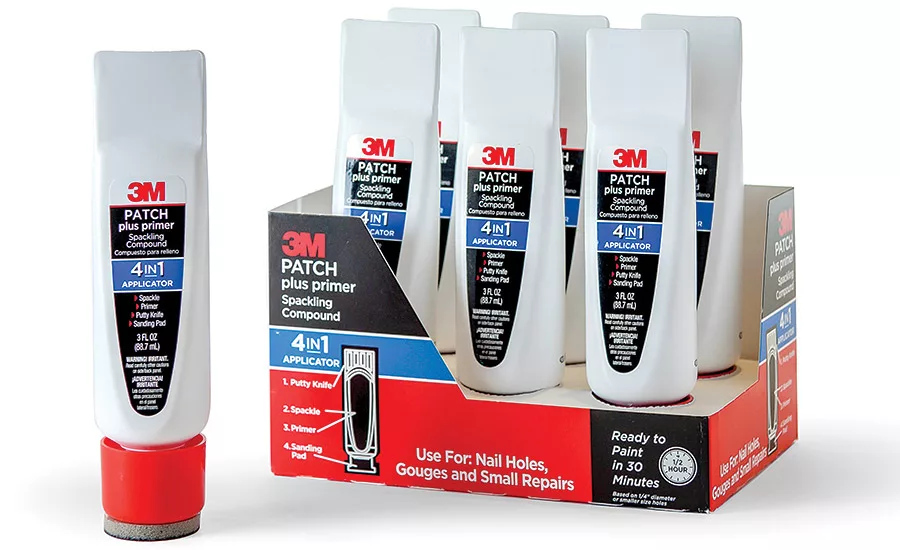 The 3M Patch Plus Primer 4-in-1 package features a tube that contains 3M’s combined patching plaster and paint primer product