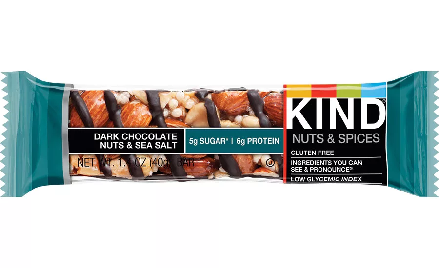 KIND bar in transparent snack packaging