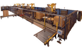Palletizing system with four robotic cells, each handling two lines