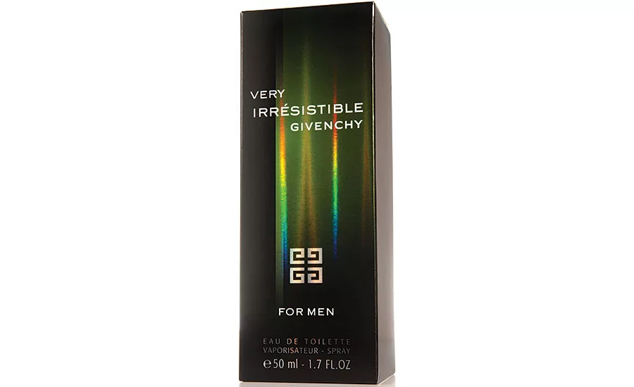 Givenchy package with holographic and optical lens laminates
