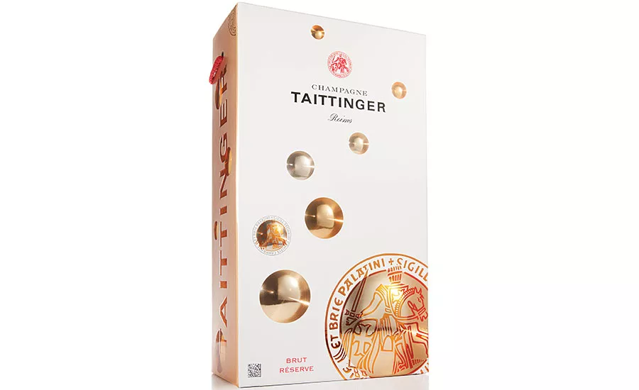 Taittinger Champagne package with holographic and optical lens laminates