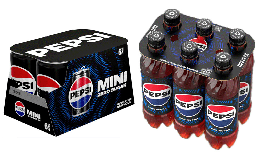 Pepsi beverage multipacks with paper rings replacing plastic rings