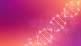 S 1123 Pharma & Medical Improvement and innovation feature. Illustration of DNA strand background on pink and purple background.