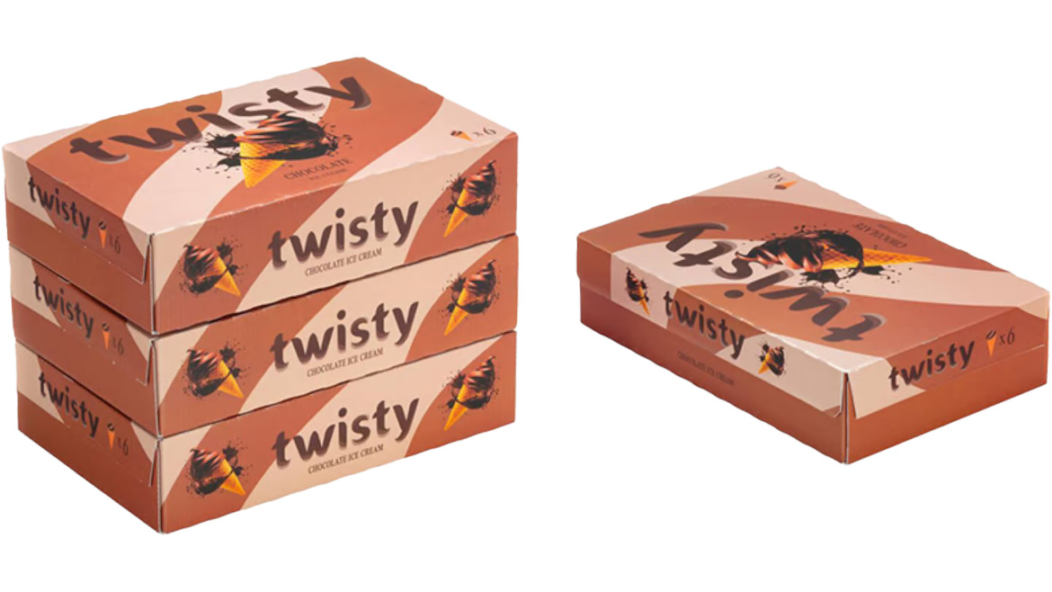 Corrugated Packaging: Stack of three, brown Twisty packages on the left, one of the same Twisty package on the right.