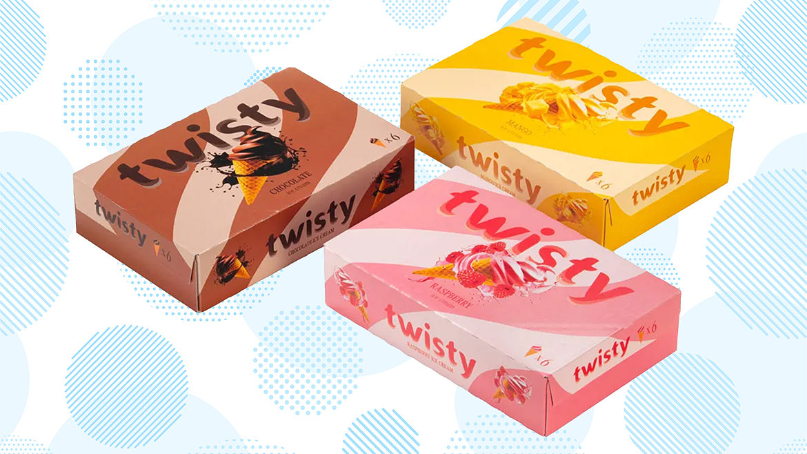 Corrugated Packaging: TwistyHero. Illustration of light blue dots and striped circles pattern background with boxes containing different ice cream cone flavors