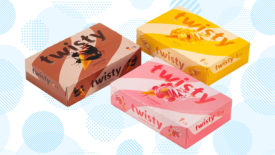 Corrugated Packaging: TwistyHero. Illustration of light blue dots and striped circles pattern background with boxes containing different ice cream cone flavors