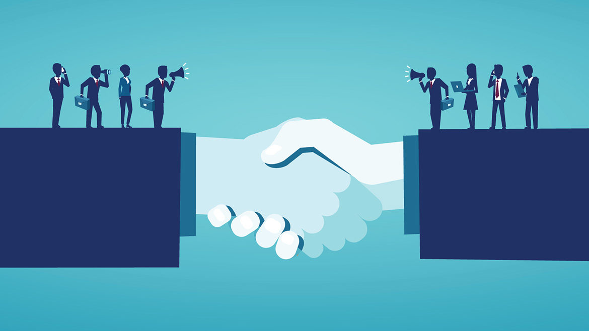 Editors Note image of two shaking hands; two groups of little people on opposite arms