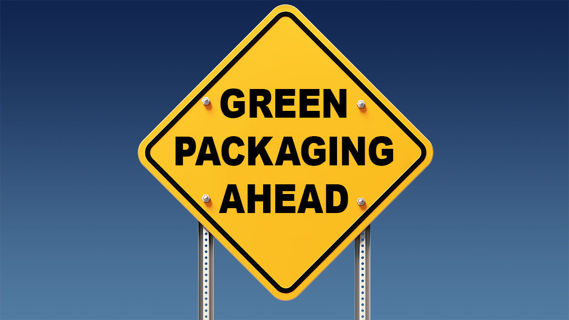 Yellow traffic sign with "Green Packaging Ahead" on blue sky background