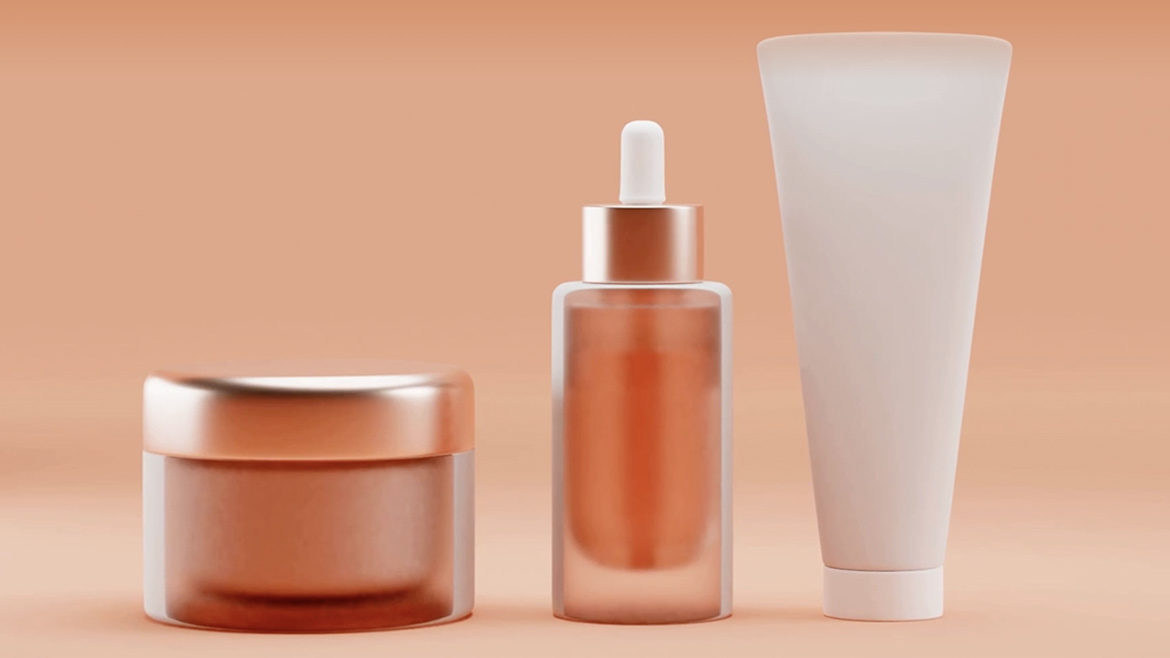 Cosmetic packaging mock up, pastel orange background, 3d rendering