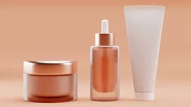 Cosmetic packaging mock up, pastel orange background, 3d rendering
