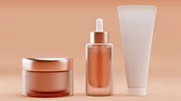 Cosmetic packaging mock up, pastel orange background, 3d rendering