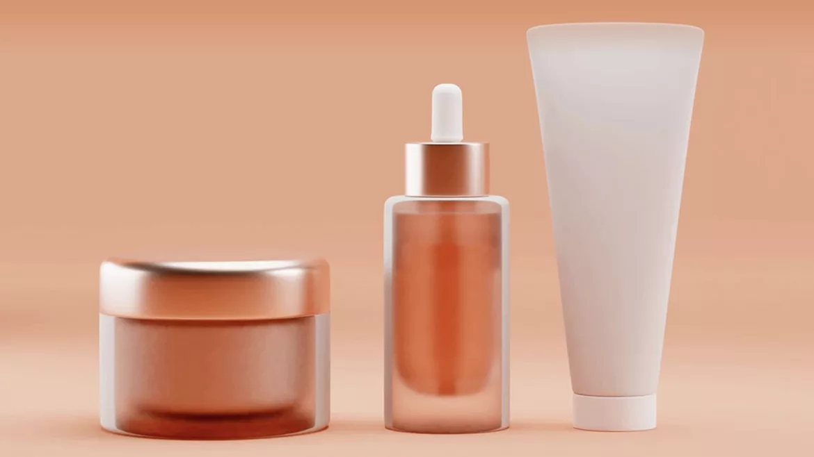 Cosmetic packaging mock up, pastel orange background, 3d rendering