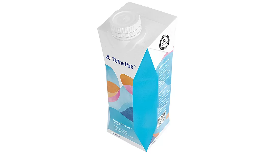 Plant-based caps on Tetra Pak cartons can be identified by looking for an embossed swirl with leaf icon, shown on the attached image.
