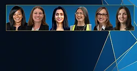 Background: Blue polygonal background with golden lines. Foreground from left to right: 2024 featured Women in Packaging – Dana Austin, Jessica Fischer, Babitha George, Kate Gilpin, Amy Mercante, Amy Phinney.