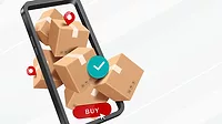 Illustration showing parcel boxes packed tightly inside smartphone on a white abstract background.