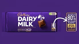 Cadbury Dairy Milk wrapper against purple background.