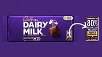Cadbury Dairy Milk wrapper against purple background.