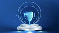 Stage podium with a trophy and blue award ceremony background vector illustration.