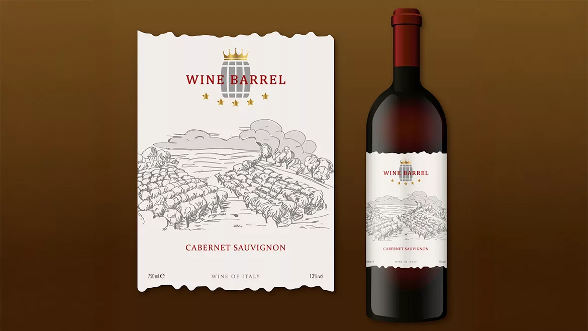 Digital wine label example and wine bottle.